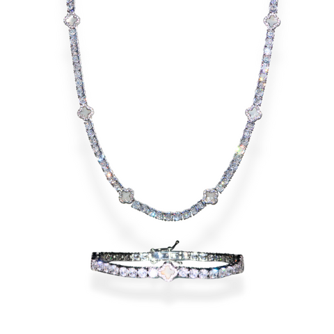 Clover Tennis Chain & Bracelet Set - Silver/Pearl