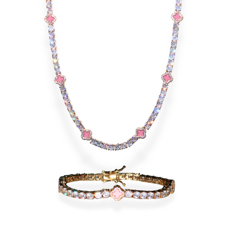 Clover Tennis Chain & Bracelet Set - Gold/Pink
